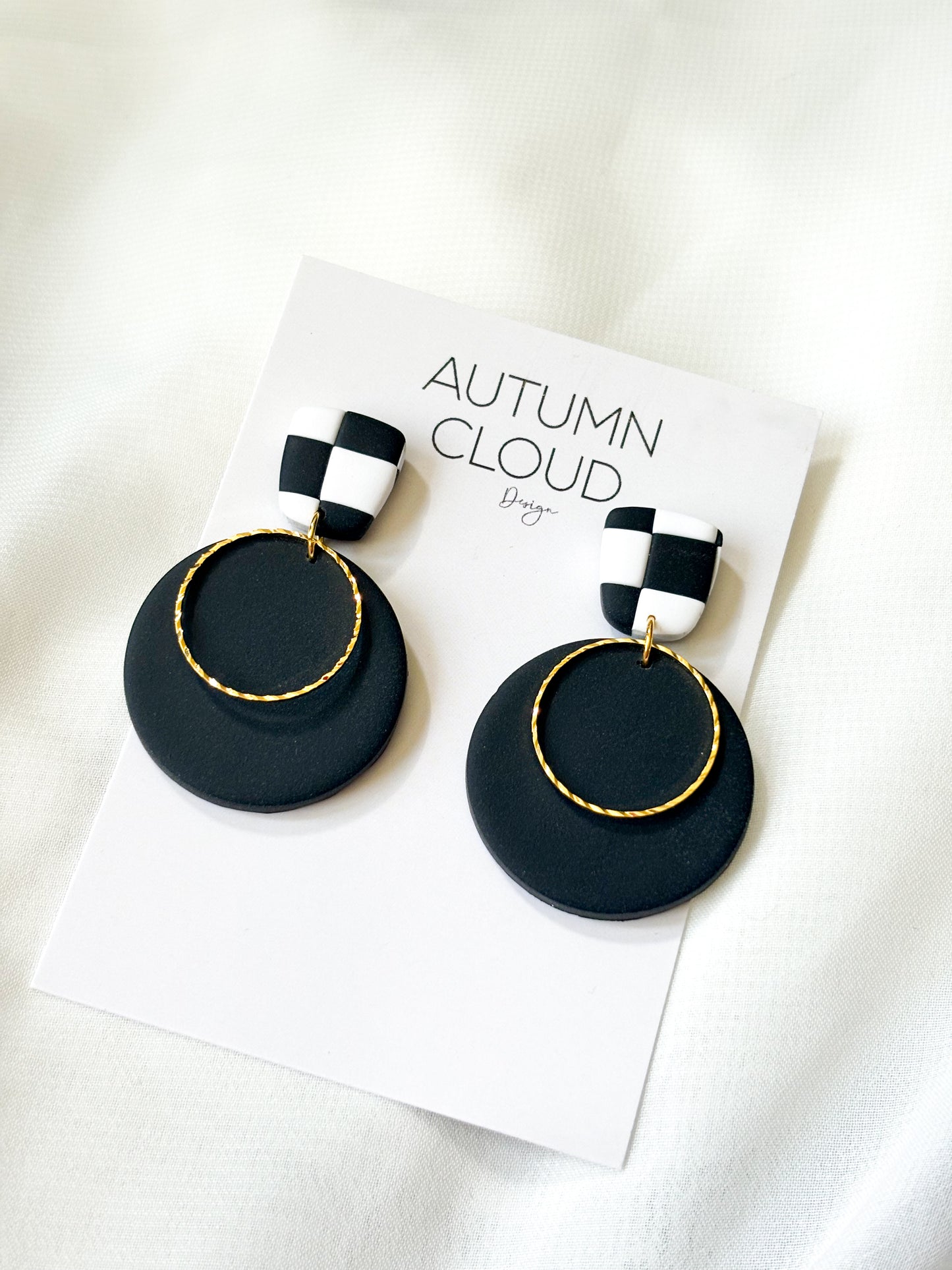 Checkered Black & White Dangles w Gold Charm