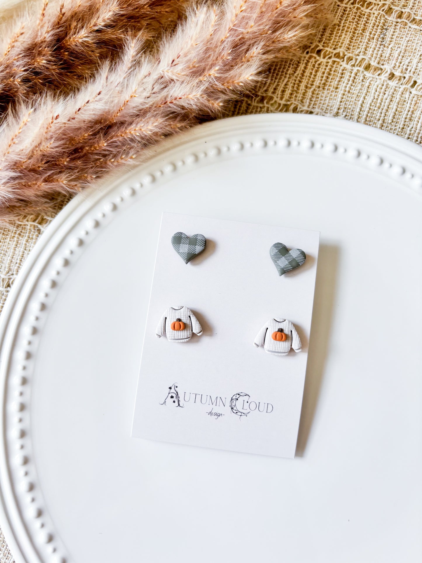 Pumpkin Sweater and Plaid Heart Stud Earrings