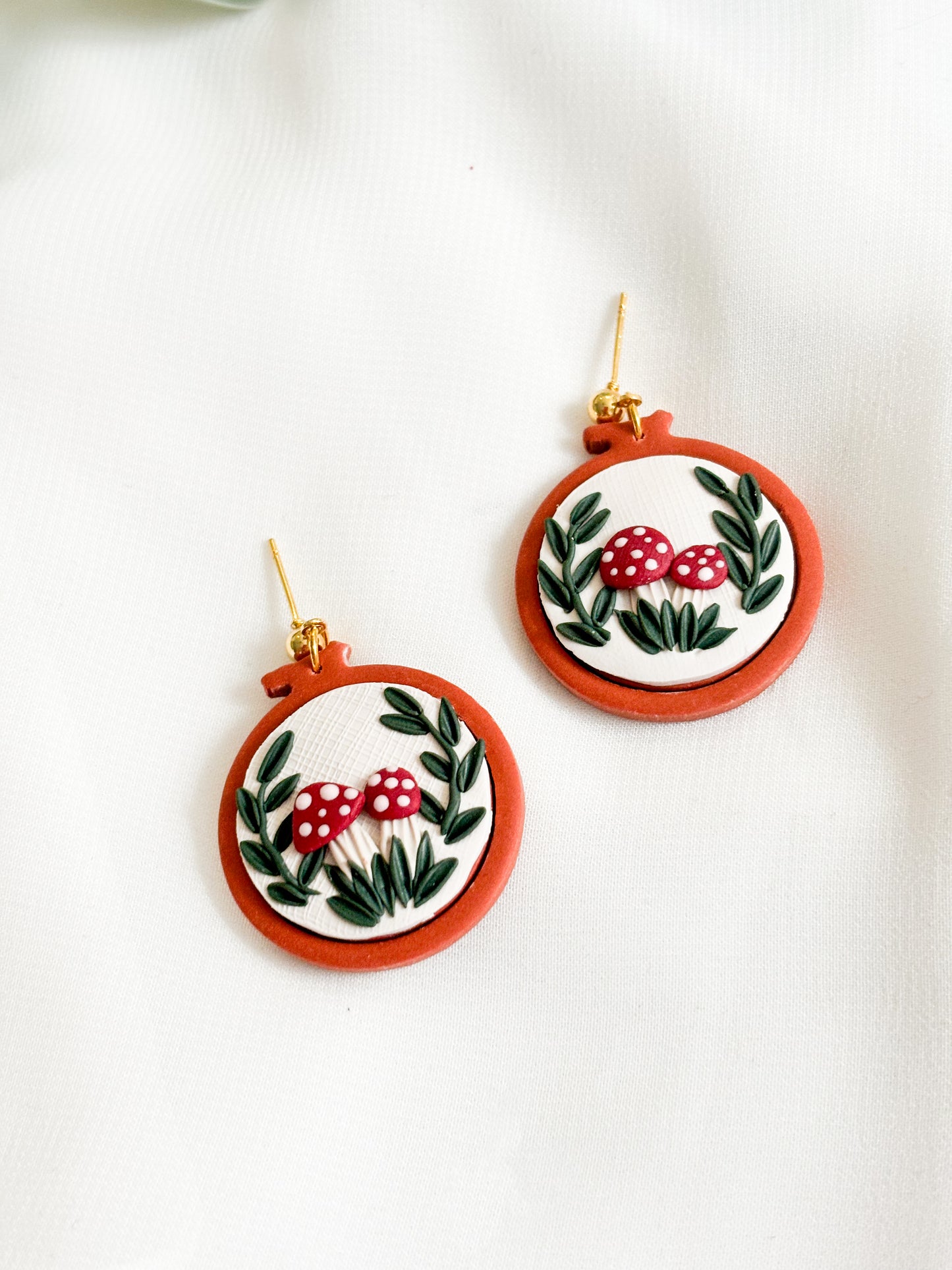 Mushroom Embroidered Clay Dangles