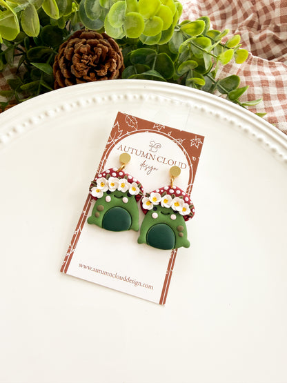 Frog with Floral Mushroom Hat Dangles