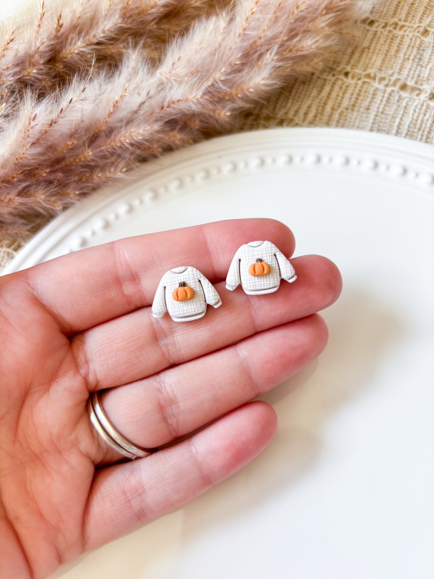 Pumpkin Sweater and Plaid Heart Stud Earrings