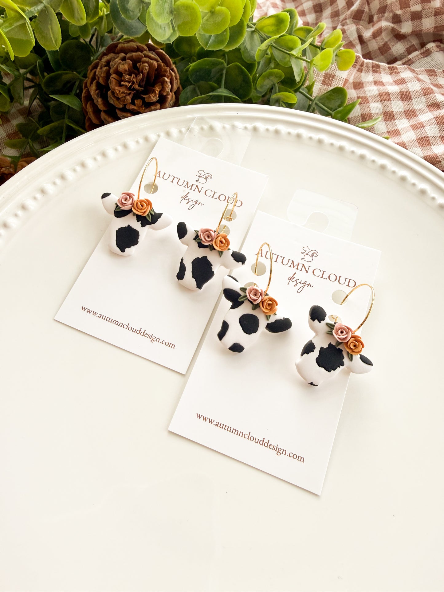 Floral Cow Hoop Earrings