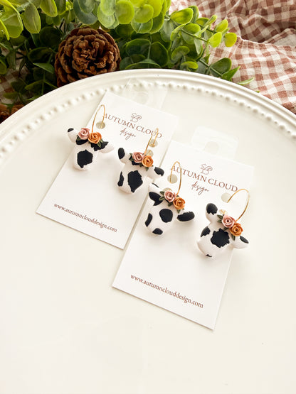 Floral Cow Hoop Earrings