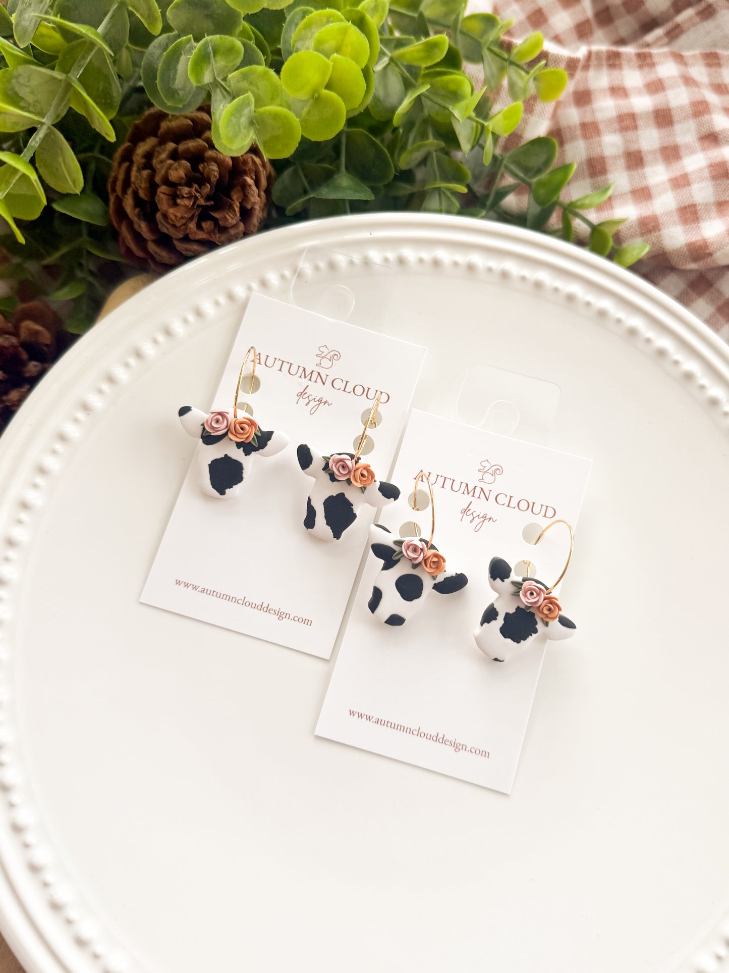 Floral Cow Hoop Earrings