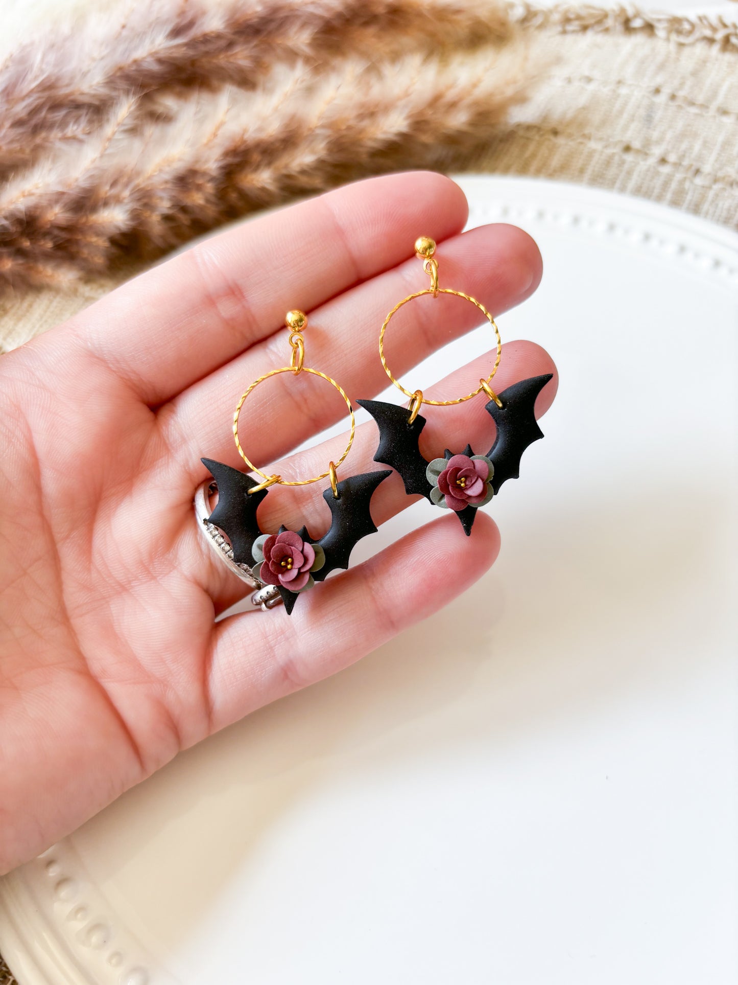 Floral Bat Dangle Earrings