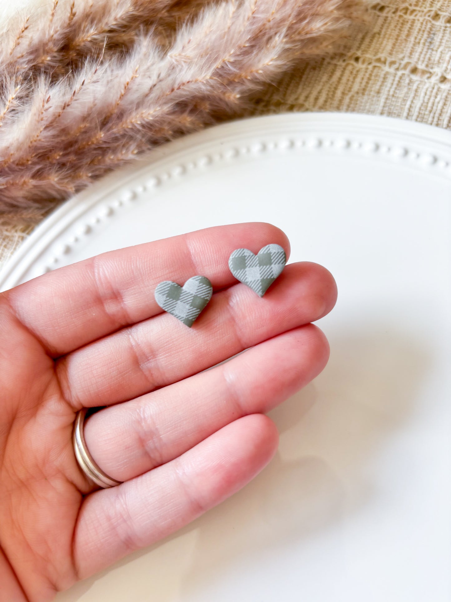 Pumpkin Sweater and Plaid Heart Stud Earrings