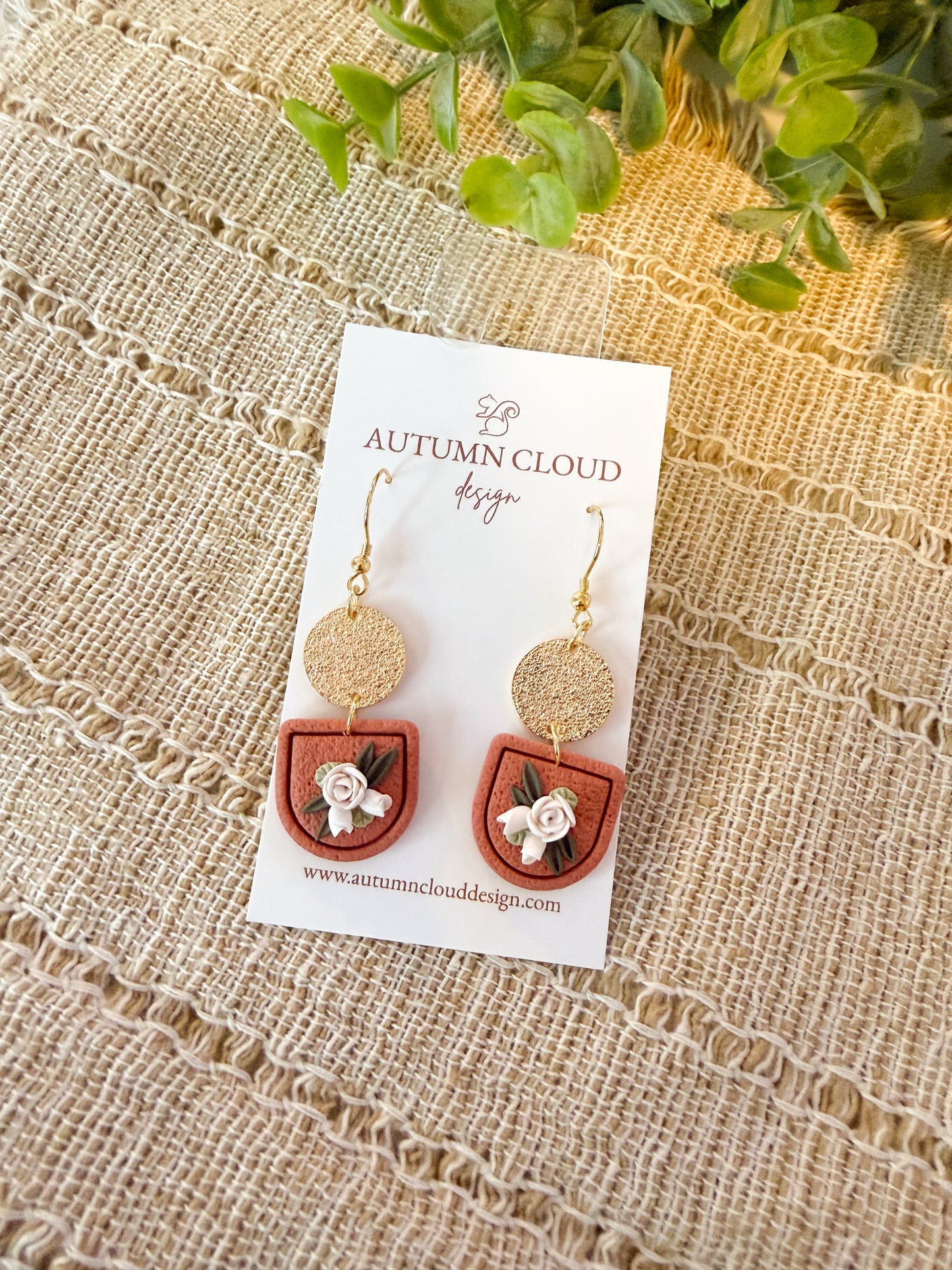Brown Floral Dangles w Shiny Disc Charm