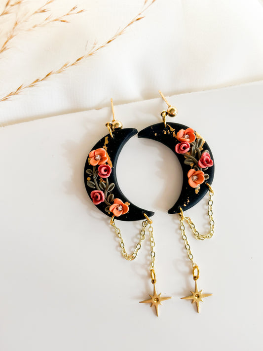 Floral Crescent Moon Dangles with Star Charm