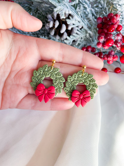 Wreath with Bow Dangle Earrings