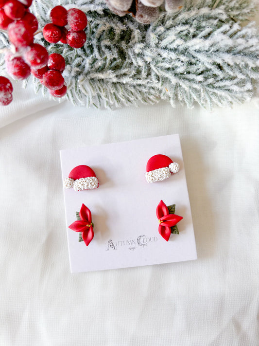 Santa Hat and Poinsettia Half Studs